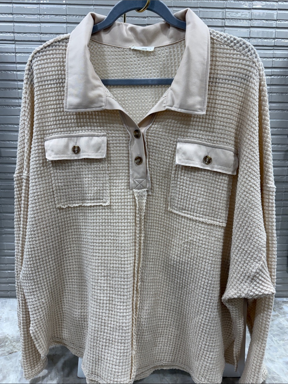 Relaxed Waffle Knit V-Neck Sweater with Button Placket - Cream